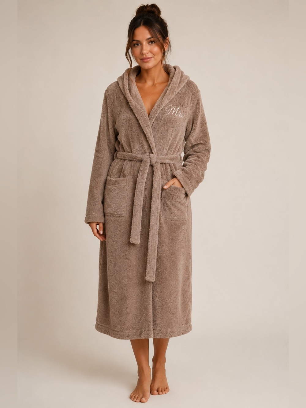 AW Bridal Mrs. Plush Hooded Taupe Robe